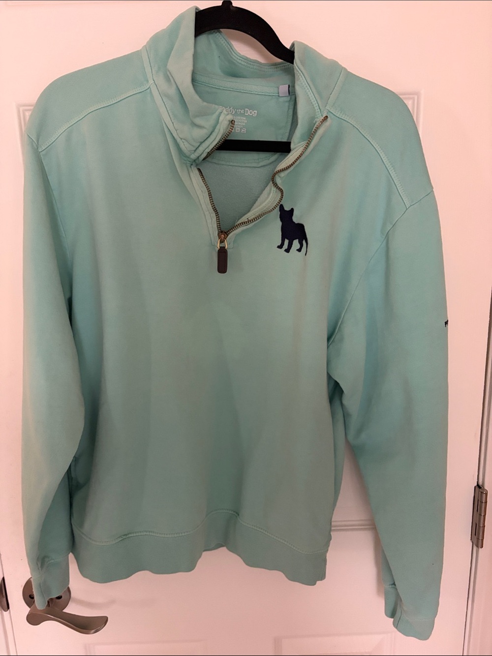 Light Aqua French Bulldog Quarter Zip Pullover. Teddy the dog brand